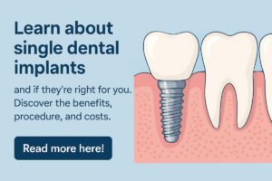 An image comparing the visual difference between a missing tooth, a bridge, and a single dental implant, focusing on aesthetics and functionality. No text on image.