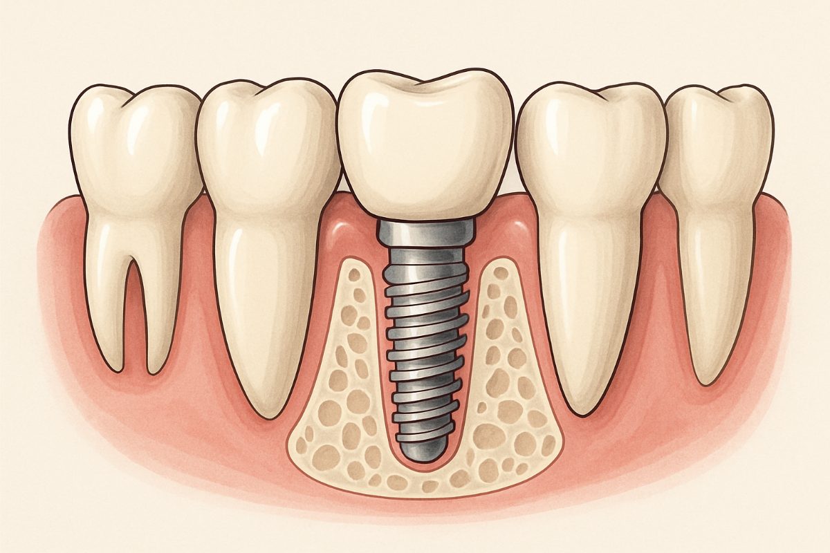An image comparing the visual difference between a missing tooth, a bridge, and a single dental implant, focusing on aesthetics and functionality. No text on image.
