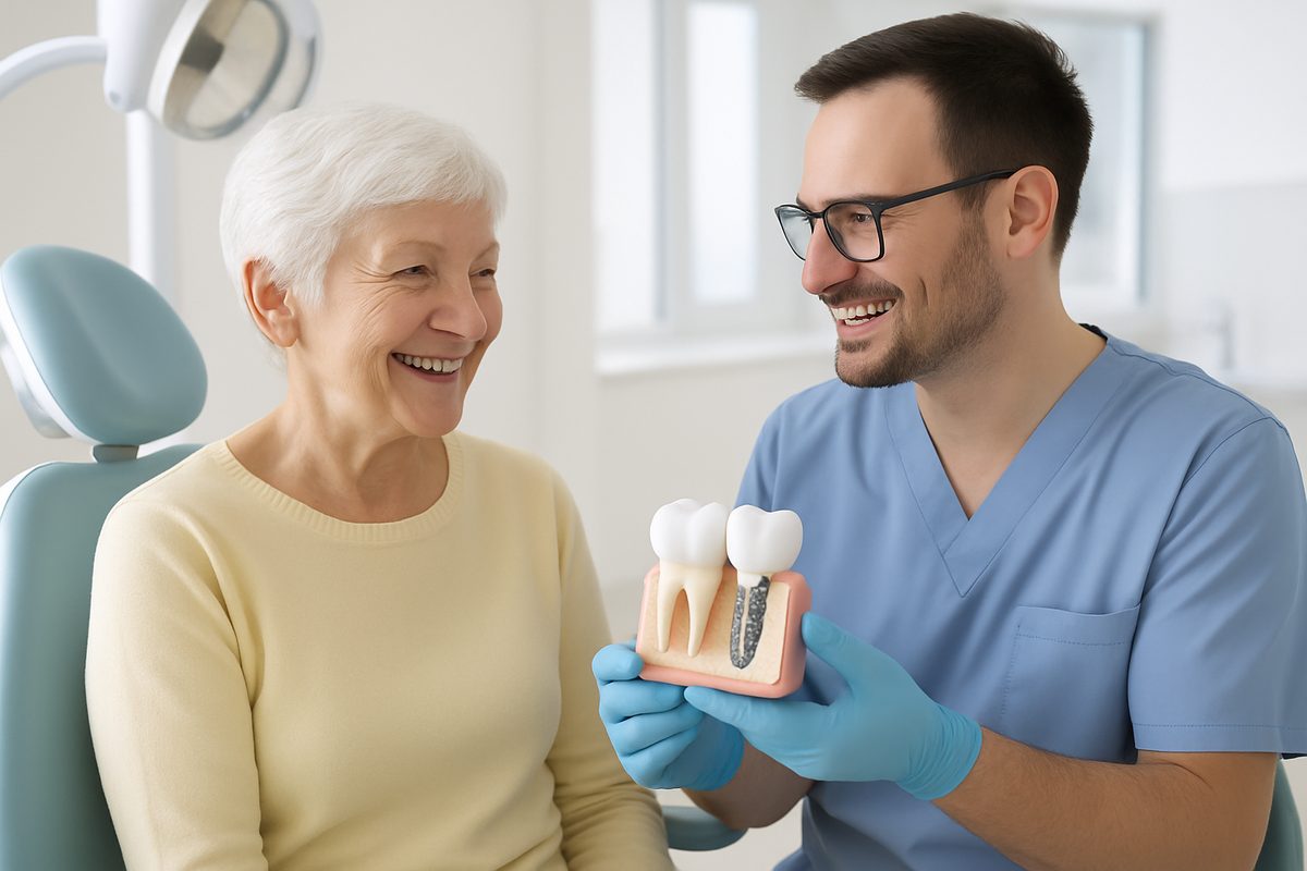 A smiling senior woman is talking with her dentist, who is holding a dental implant model, in a bright and modern dental office. The dentist is explaining the benefits of dental implants as an affordable tooth replacement option. No text on the image.