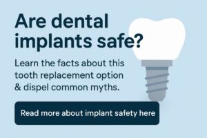 Image of a dentist in a modern clinic setting, consulting with a patient about dental implants, using a 3D model to explain the procedure and address "are dental implants safe?"