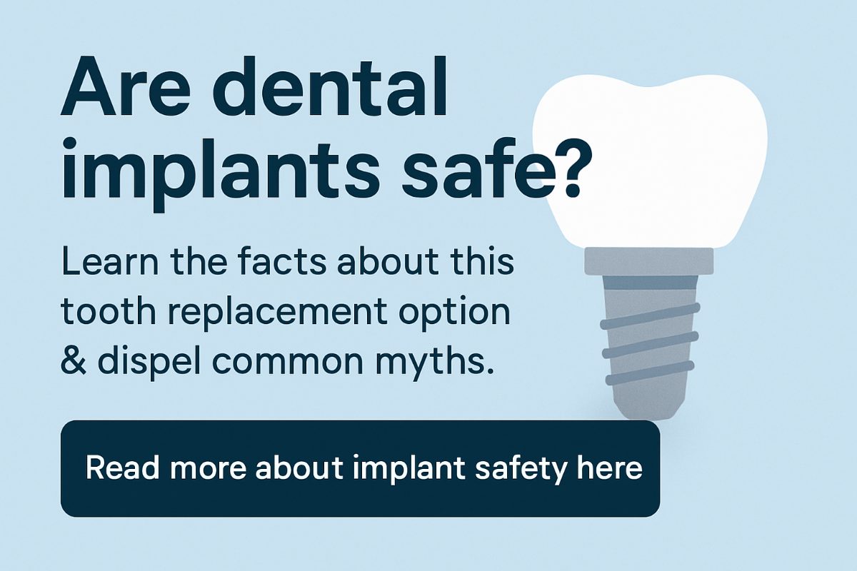 Image of a dentist in a modern clinic setting, consulting with a patient about dental implants, using a 3D model to explain the procedure and address "are dental implants safe?"