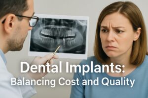 A close-up image showing a dentist pointing to a dental implant on an x-ray, with a concerned patient looking on. The text on the image says "Dental Implants: Balancing Cost and Quality."