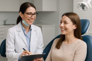 A friendly, professional dentist in Williston, ND, is consulting with a smiling patient in a modern, clean office. No text on the image.