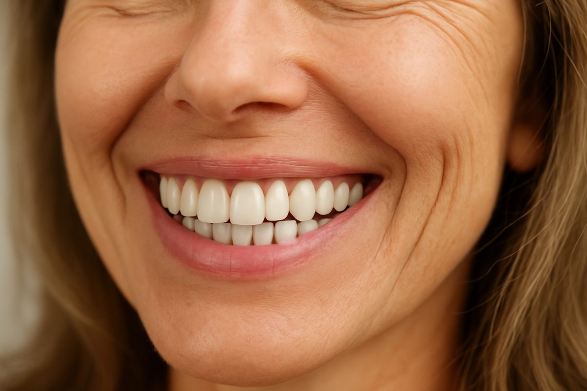 Image of a close up of a patient smiling with a perfect dental implant. No text on the image.