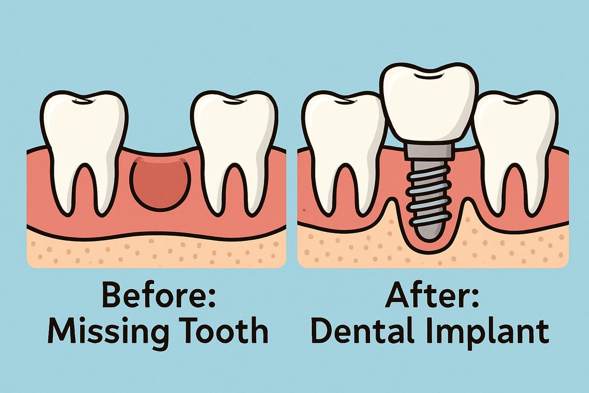 Illustration depicting a before-and-after scenario of "tooth pulled and implant." On the left, show a gap where a tooth is missing, labeled "Before: Missing Tooth." On the right, illustrate a dental implant seamlessly in place, labeled "After: Dental Implant."