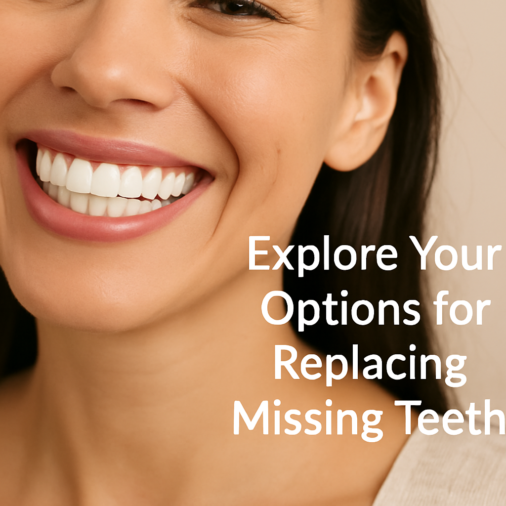 A person is smiling, revealing a full set of perfectly aligned and bright white teeth, showcasing the potential results of modern teeth replacement options. The text overlay on the image reads, "Explore Your Options for Replacing Missing Teeth".