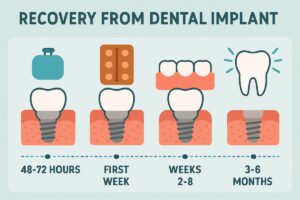 An infographic showing a timeline of "recovery from dental implant", including the first 48-72 hours, the first week, weeks 2-8, and 3-6 months.