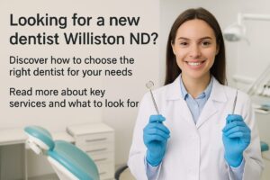 A friendly dentist in Williston, North Dakota, is consulting with a smiling patient while pointing at digital x-rays on a screen. The text on the image says "Your Trusted Williston ND Dentist".