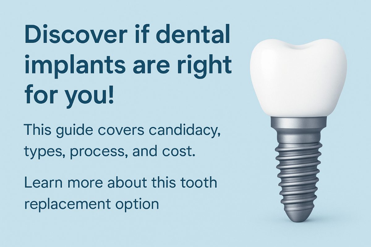 Photo of a smiling woman in a dental chair, showcasing a single, natural-looking tooth implant, highlighting the seamless blend with her existing teeth. No text on the image.