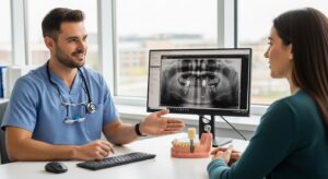 Dentist discussing dental implant solutions with a patient.