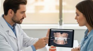 Dentist and patient discussing denture implants in a clinic.